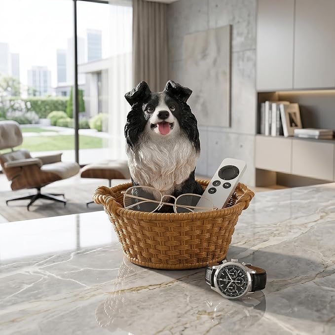 Cute Border Collie Candy Bowl, Resin Dog Figurine Key Bowl for Entryway Table, Desktop Storage Basket Organizer for Desk, Unique Dog Lover Gift