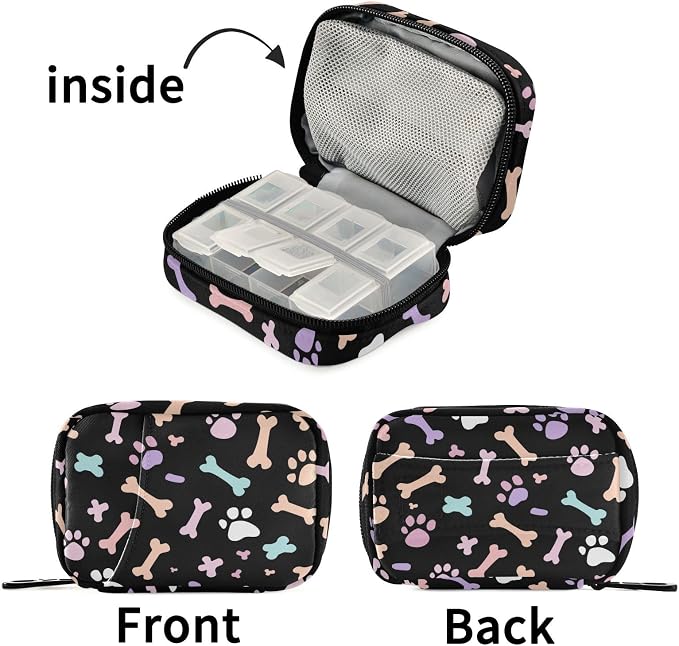 Fustylead Pastel-Colored Dog Paw Prints and Bones Pill Organizer and Storage Weekly with Zipper, Removable Pill Box Portable Medicine Organizer for Vitamin Fish Oil Supplement