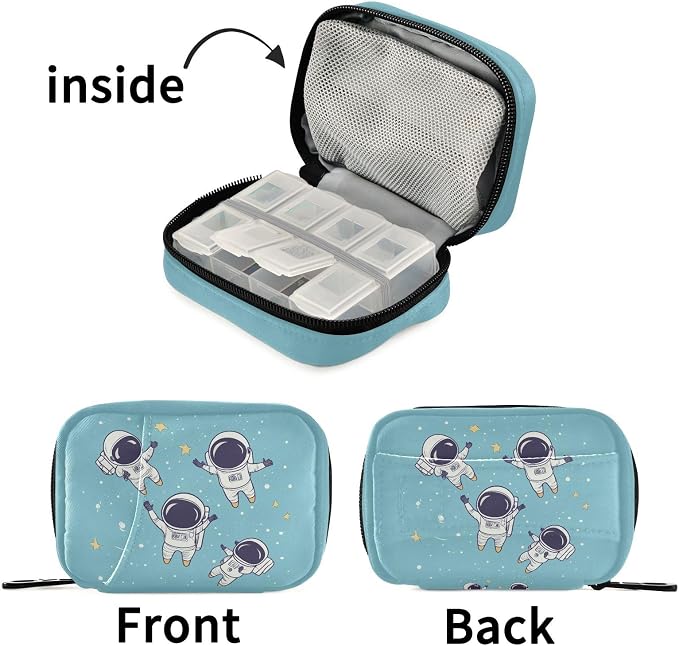 Fustylead Cute Astronauts in Space Travel Pill Organizer Bag with Zipper Small Pill Box 7 Day Pill Case for Purse Storage Weekly Vitamin Medicine Supplement