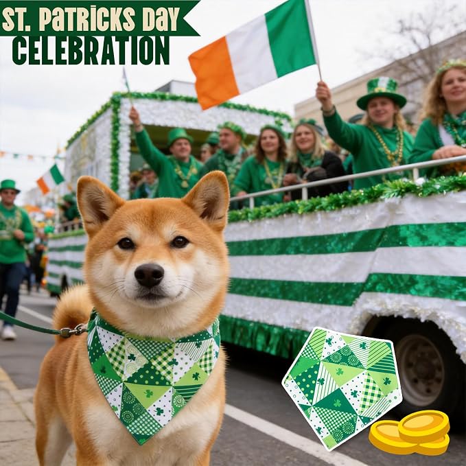 Dog Bandana for St. Patricks Day Patchwork Shamrock - Pet Scarf with Adjustable Snap Button Cute Lucky Holiday Costumes for Irish Festivals, Large & Giant Breeds (75lbs+)