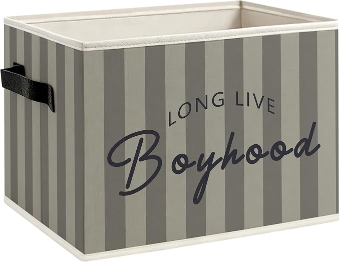 Boy Nursery Long Live Boyhood Foldable Storage Bins Box with Handles, Grey Striped Decorative Storage Boxes Baskets Toybox Organizer for Kids Boy Nursery Toddler Room Bedroom Playroom