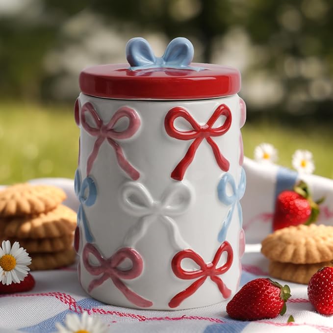 DIF DECO Cookie Jars with Lid Airtight, 42 OZ Large Ceramic Food Storage Containers, Red Bow Kitchen Canisters for Countertop, Suitable for Home Decor of Coffee, Sugar, Tea, Flour, Dog Treat (7.5 In)