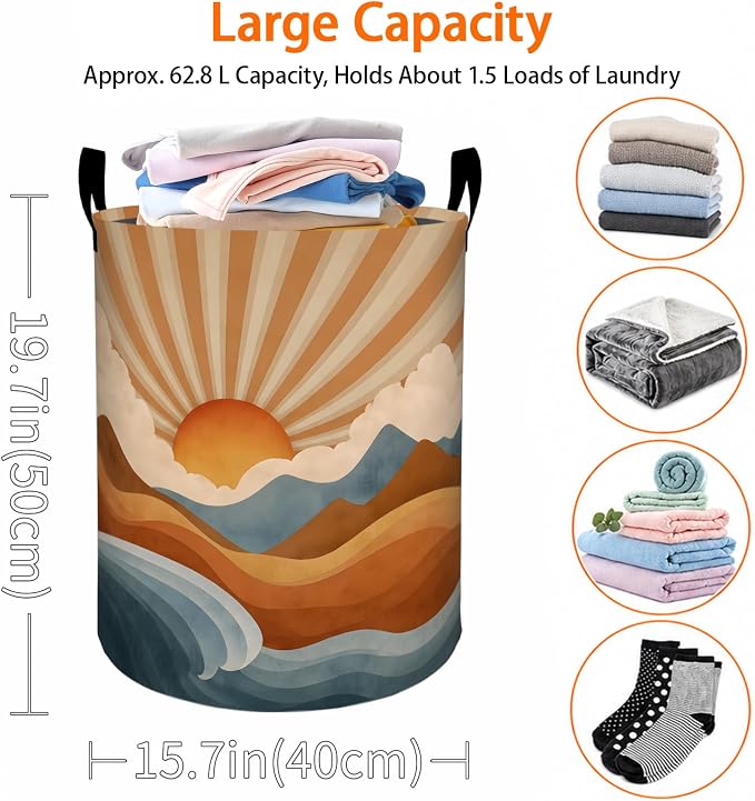 Retro Sunrise Laundry Basket, Vintage Mountain Wave Oxford Cloth Dirty Clothes Collapsible Hamper for Room Decor, Nature Gifts, Toy Organizer 19.7 x 15.7 Inches for Bedroom Bathroom Dorm