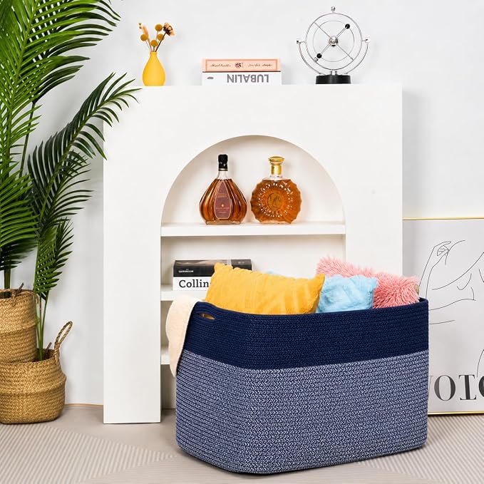 112L Extra Large Blanket Basket Holder Living Room, 25"x17"x16" Rectangle Rope Woven Storage Basket with Handles for Laundry, Towels, Shoes, Dog Toy Organizer Bin Box, Navy Blue