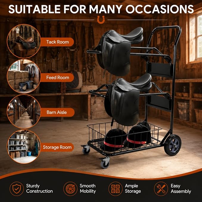 Rolling Saddle Rack Cart with Basket, 220 Lbs, 32.3*16.9*49.8 inch | Horse Tack Dolly Saddle Stand for Western & English Saddles, Heavy Duty Saddle Stand for Tack Room, Bridle, Horse Lovers