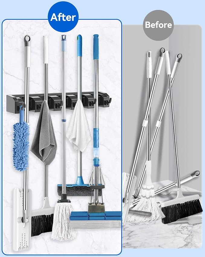 AceMining 2 Pack Black Broom Holder Wall Mount, 5 Holders and 6 Hooks | Mop Holder Wall Mount and Broom Hanger for Garage, Laundry Room, Kitchen and Utility Storage