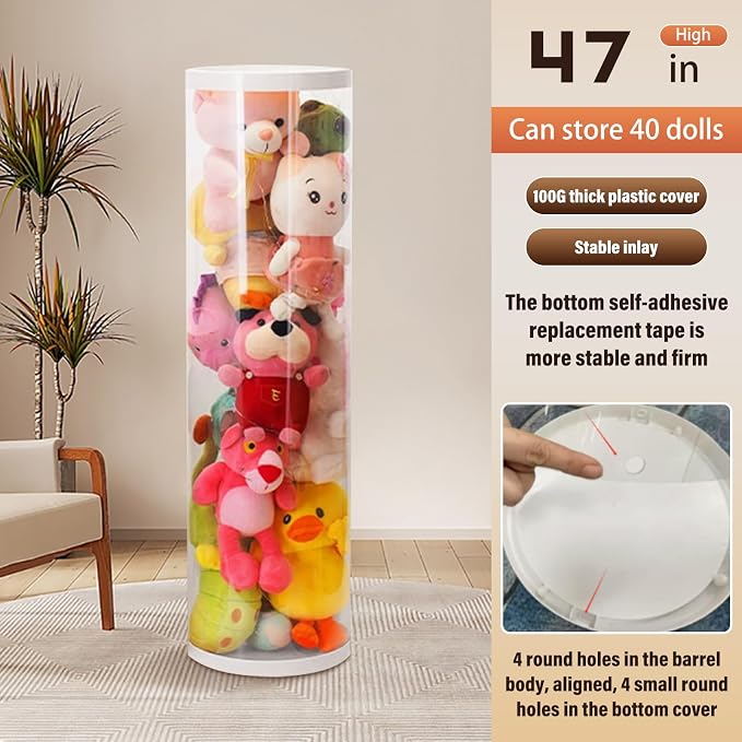 47.2 Inch Zippered Stuffed Animal Storage Tube Large Capacity Space Saver | Large capacity transparent stuffed animal storage tube with zipper Quick assembly stuffed animal tube organizer