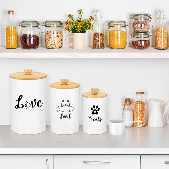 Reallnaive Metal Airtight Cat Treat Container Set of 3 with Bamboo Lids and Spoon Cat Food Storage Container with DIY Labels Pen Pet Cookie Snack Food Storage Organizer Jars for Kitchen Counter(White)