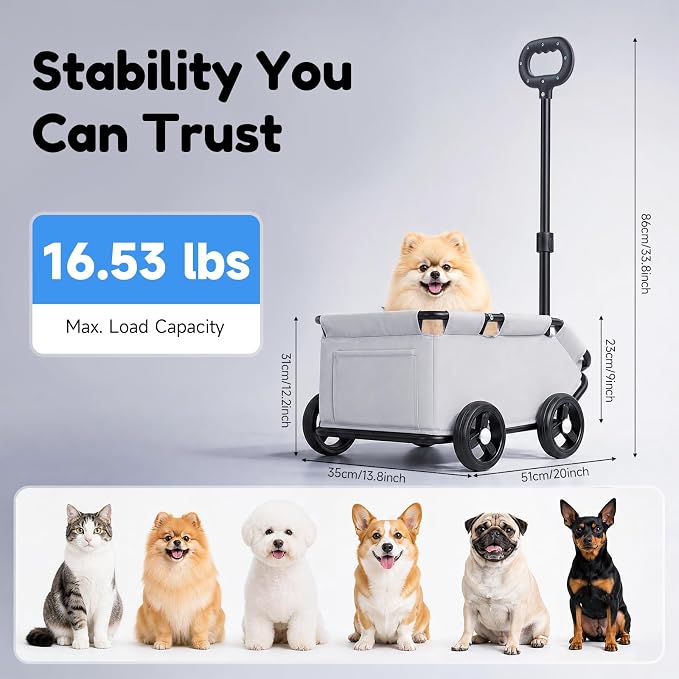 Dog Stroller, Foldable Multifunctional Pet Carts Portable Mini Dog Strollers with 4 Wheels & 360° Rotatable Handle for Small Cats Dogs Puppy Up to 16.53 LBS (Grey)