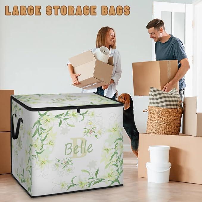 Custom Storage Baskets Cubes for Home with Name, Initial letter Large Foldable Organizer Storage Bins for Home Blanket Comforters Clothes Closet Nursery, Light Yellow Lily Floral