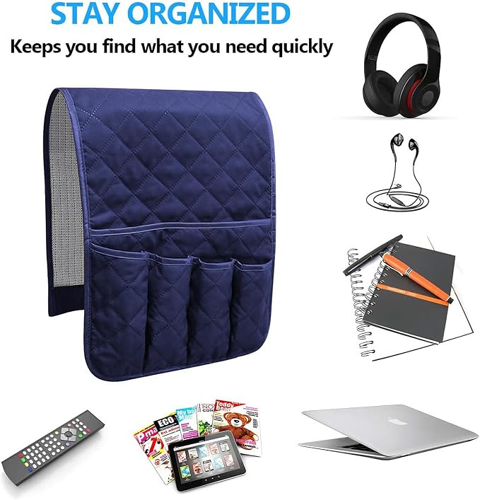 Armchair Caddy for Recliner, Non Slip Sofa Arm Organizer, Deep Blue | 5-Pocket Recliner Armrest Organizer, Couch Side Storage Holder for Remotes, Cell Phone, Magazines & Tablets, Machine Washable