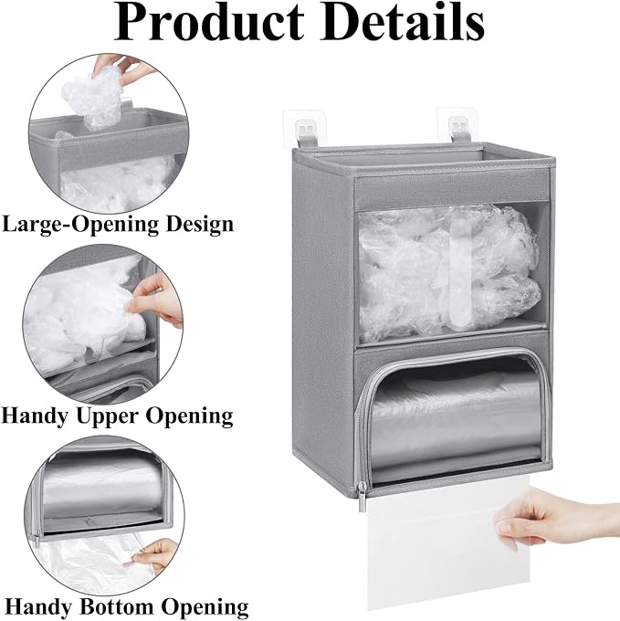 2-in-1 Plastic Bag Holder with Clear Window, Large Grocery Bag Holder and Garbage Bag Dispenser with Easy-Access Openings, Trash Bag Organizer for Kitchen RV Cabinet Wall Mounted(Gray)