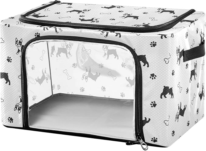 Pets Dogs White pattern Under Bed Storage Containers with Double Zipper Openings, Foldable Clothes Storage Bins with Clear Window and Handles for Bedding Blankets Comforters
