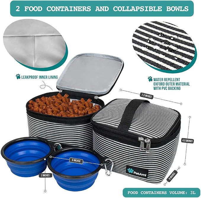 PetAmi Dog Travel Bag Organizer, Pet Supplies Tote, Stripe Black Medium | Pet Travel Kit with 2 Food Containers & 2 Collapsible Dog Bowls, Luggage Sleeve, Weekend Getaway Road Trip Camping Essentials