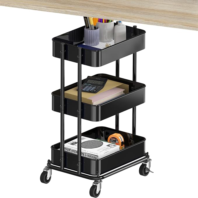 Simple Houseware 3-Tier Utility Cart, Low 24" Height Fits Under Desk, Black | Compact & Lower Height Great for Under-Desk Space-Saving Storage for Home Office, Dining Room, or Kitchen