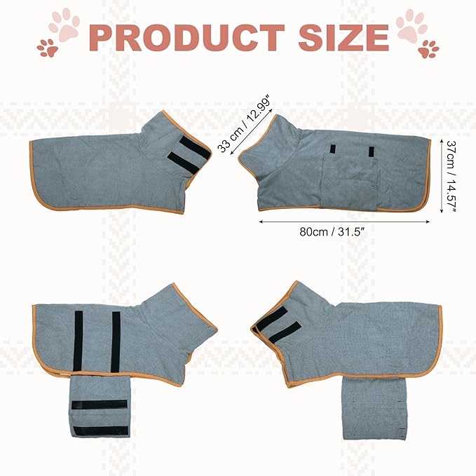 Dog Drying Coat, Dog Robes for After Bath Bathrobe Super Absorbent Towel Soft Adjustable, (L, Gray&Orange Trim), Intended for Fast Drying Warm Keeping Pet Cats Kitten Puppies