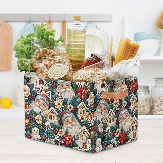 Christmas Basket Storage Bins Rectangle Canvas Basket Cube Storage Box | Nursery Foldable Basket with Handle for Kids Girls Boys Toys Living Room Closet Organizer Shelf Gifts Poinsettia Santa Claus