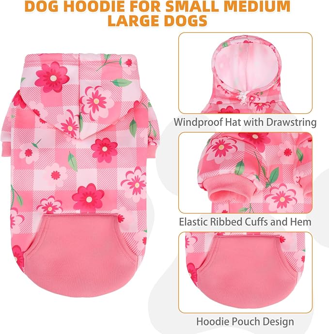 KOOLTAIL Spring Dog Hoodie Pet Clothes Sweater with Hat and Pocket for Medium Large Size Dogs Outdoor Picnic Camping, Insect Protection Anti-Hair Loss, Soft Fleece Dog Hooded Sweatshirt, Pink Flower M