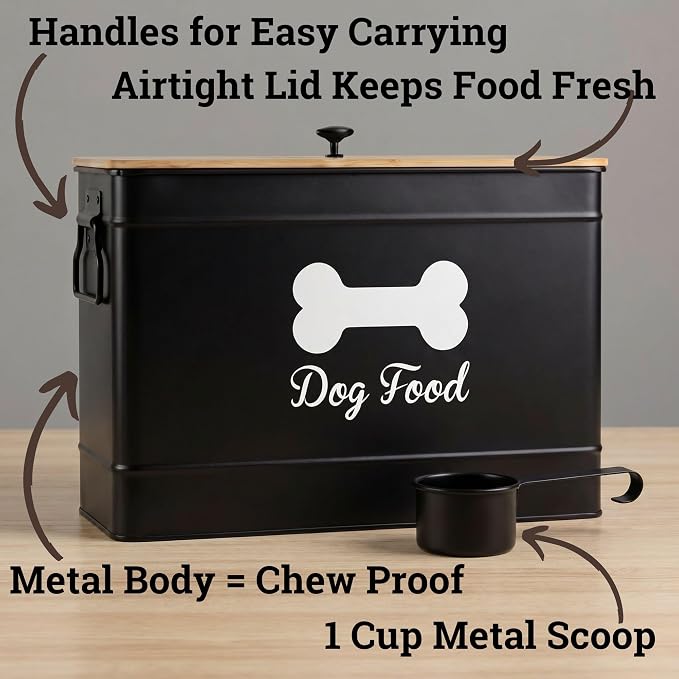 Metal Dog Food Container 15-20 lbs w/ Airtight Bamboo Lid, 70 Cup Capacity | Pet Jar For Dogs up to 100lbs, Airtight Bamboo Lid, Sturdy Comfortable Metal Handle, Powder Coated Iron, Kibble Storage Bin