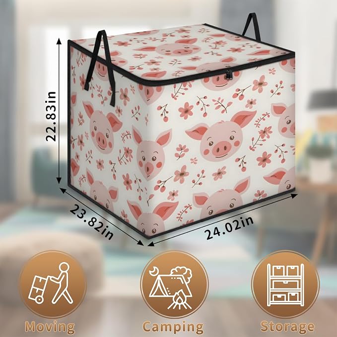 Cute Pig Faces Large Storage Bags, Fabric Bed Storage Containers, Foldable Closet Organizers for Blanket, Clothing, Comforter, Bedding, Pink Pig