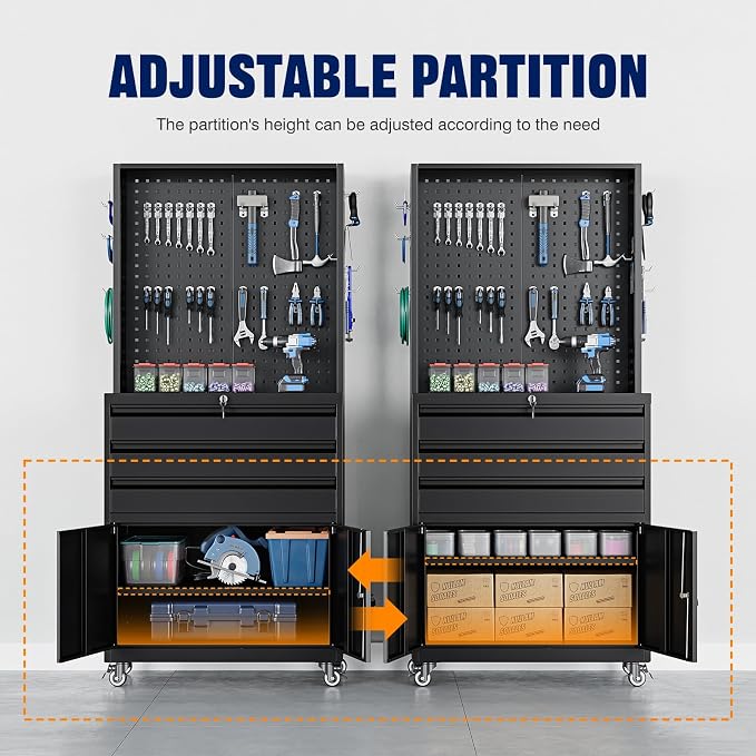 Metal Garage Storage Cabinet with Wheels,3-Drawer Rolling Tool Cabinet with 2 Door and Adjustable Shelves,- 71" Steel Tool Cabinet for Warehouse,Garage,Workshop