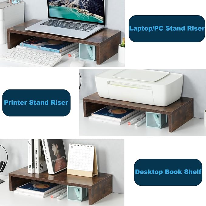 TEAMIX 20 inch Wood Monitor Stand Riser, Desktop Riser Shelf, Rustic Brown | Fits Laptop, Printer, TV, PC Tower, Full Keyboard Storage Underneath, Ergonomic, Desk Organizer for Home Office, Gaming Setup