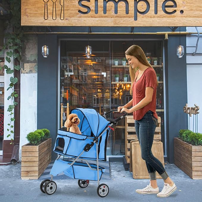 Dog Cart, 3 Wheels Pets Stroller, Folding Carrier Waterproof Puppy Stroller with Cup Holder & Removable Liner, Dog Strollers for Small Dogs, for Small and Medium Pets (Blue)
