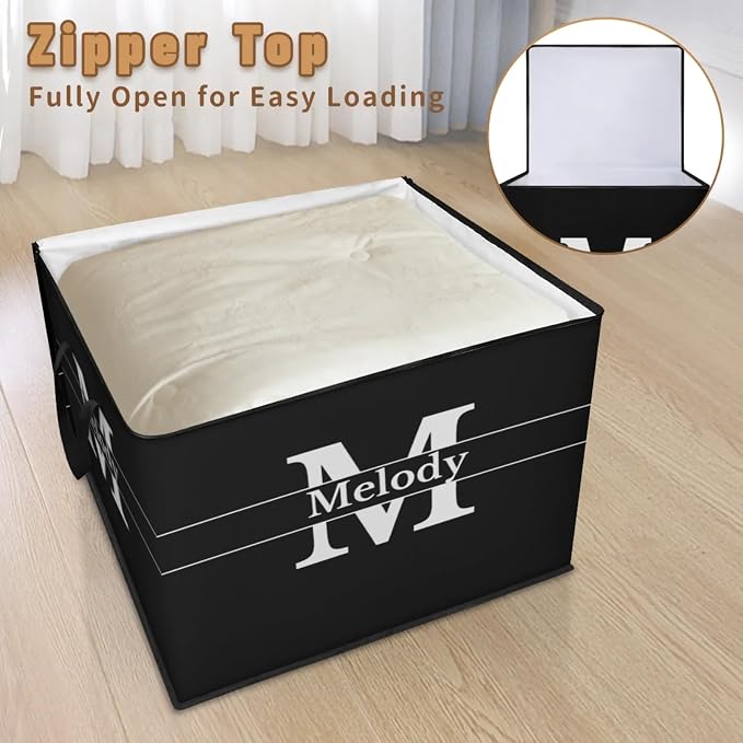Custom Name Storage Bin with Lid, Personalized Extra Large Black Storage Basket with Handles Zippers for Organizing Comforters, Blankets, Bedding Closet Shelf Baskets, Initial Letter