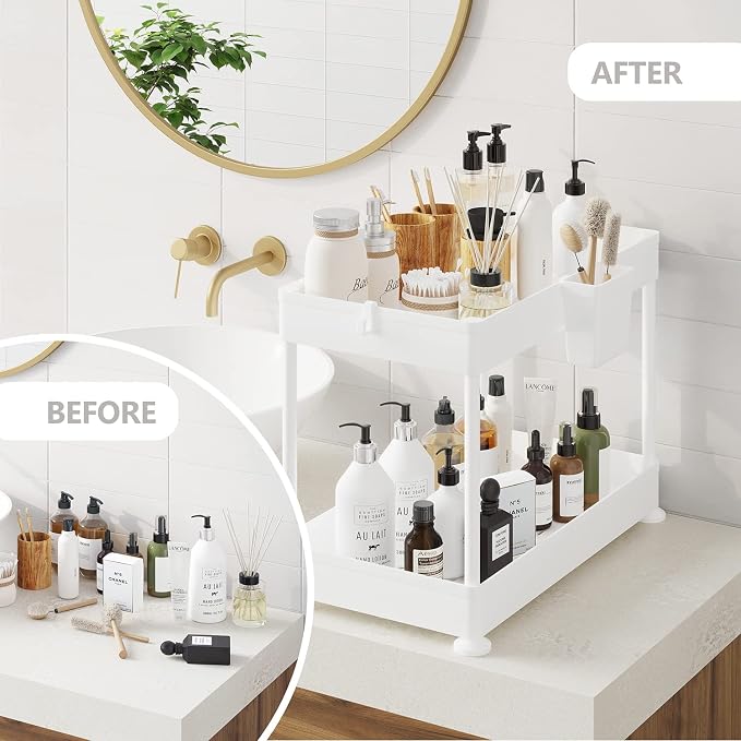 Under Sink Organizers and Storage | Bathroom Cabinet Organizer, Sink Shelf with Utility Hooks and Side Caddy for Under Cabinet Storage | Non Slip Grip Under Kitchen Sink Organizer, White (1-Pack)