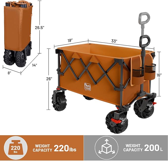 TIMBER RIDGE Outdoor Collapsible Folding Wagon with Brakes and Cup Holders, 500lbs Heavy Duty All Terrain Wheels Utility Cart for Shopping Camping Garden Sports, Orange