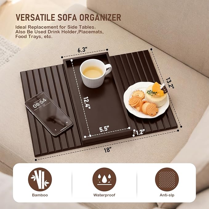 Bamboo Sofa Arm Tray Table, Foldable Couch Arm Tray Side Table, Anti-Falling Armrest Tables Cup Holder for Snacks, Couch Armrest Organizer, Serving Tray for Snacks and Drinks (Brown)
