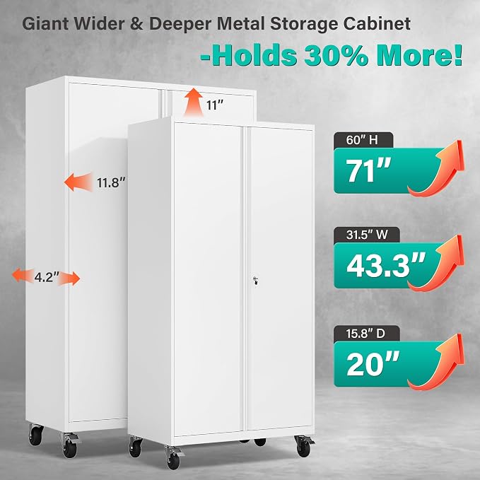 Wide & Deep Metal Storage Cabinet with Wheels,Tall Rolling Garage Storage Cabinet with Lock,White Metal Cabinets with Pegboards and Shelves,Tool Locker for Garage,Home,Office,43''Wx 20''Dx71"H