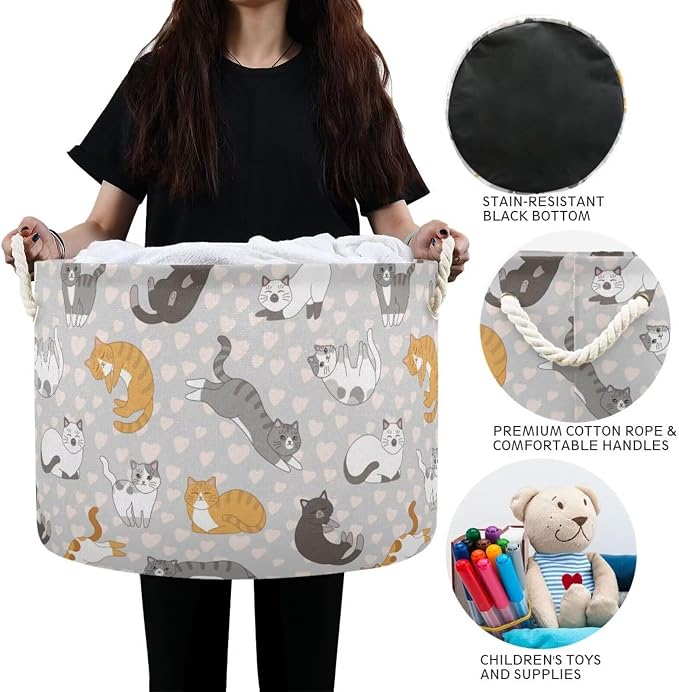 Cute Cat Print Collapsible Round Storage Basket with Handles | Pet Kitten Heart Large Laundry Baskets Hamper, Clothes Organizer Bin for Bedroom Living Room Decor, 20x 20x 14 Inches