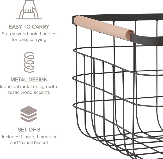 RGI Home Dog Toy Storage Baskets – Set of 3 Rectangular Metal Organizer Bins for Pet and Household Storage, Multi-Sized with Wood Accents, Durable and Rustic, Antique Gray Metal