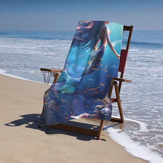 Mermaid Beach Towel 31inx51in, Underwater Sand-Free Microfiber Bath Towel Ultra Soft Quick Dry Pool Towel Absorbent Towel Lightweight Towel for Swimming Bathroom Decor