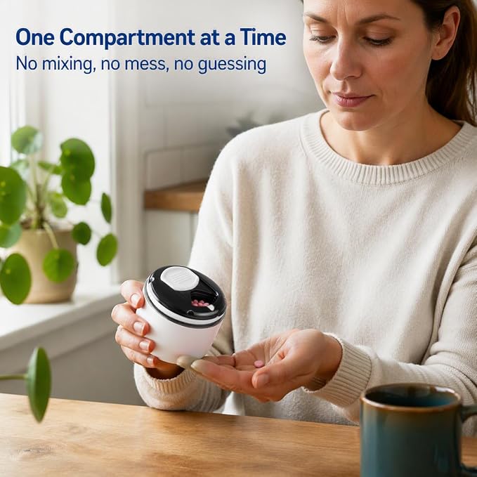 Ezy Dose Mini Vitamin Organizer, Multi Compartments, White & Black, Medium | Portable and Compact Design, Easy Access Sliding Pill Dispenser, Supplement Organizer with Anti-Mix Design, Travel Friendly