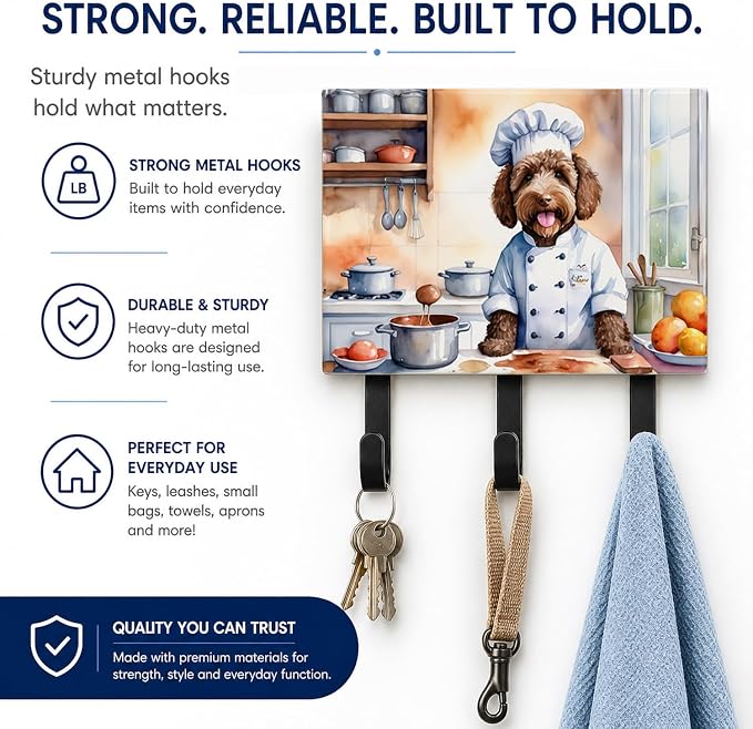 Caroline's Treasures Labradoodle The Chef Leash or Key Holder Wall Hooks, Key Hooks Holder, Coat Rack Wall Mount, Coat Hooks, Hooks for Hanging Keys, Towels, Aprons, Leashes | Labradoodle The Chef artwork on ceramic tile with three steel hooks for keys...