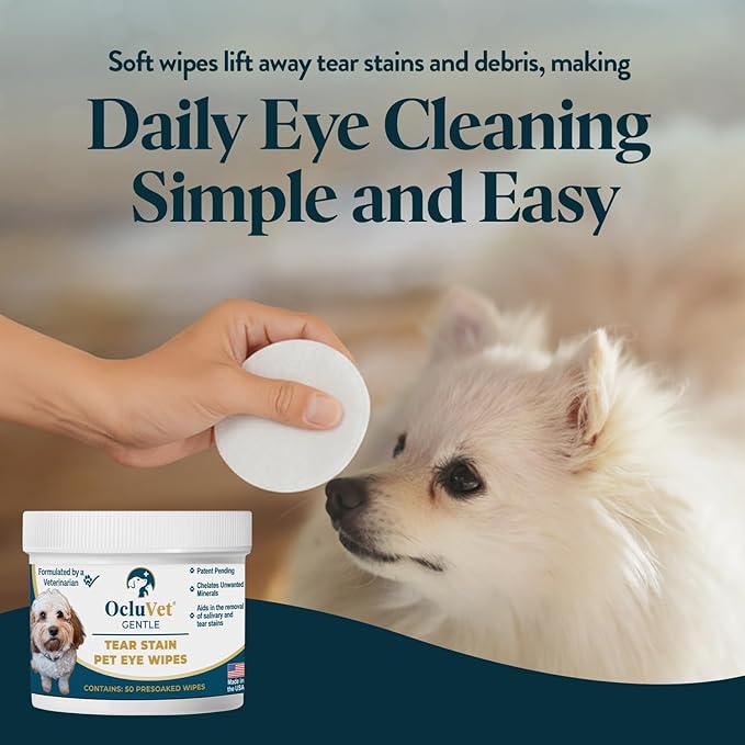 OcluVet Tear Stain Wipes for Dogs, Cats and Horses, Gentle Non-Stinging Pet Eye and Face Cleaning Wipes with EDTA, Tear Stain Remover, 50 Count