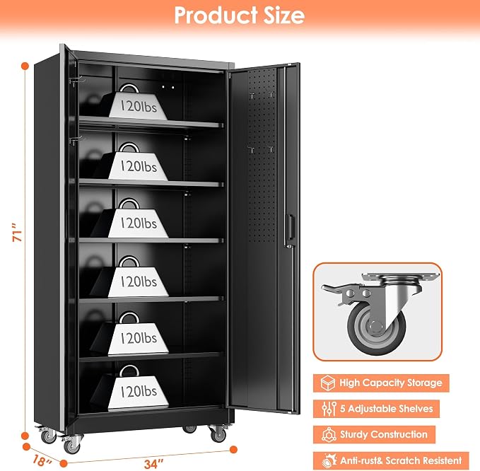 Garage Storage Cabinet with Wheels and Pegboard Doors, Black | 71"H x 34"W x 18"D steel cabinet with 5 adjustable shelves, 4 casters, 4 hooks and 3-point locking; assembly required.