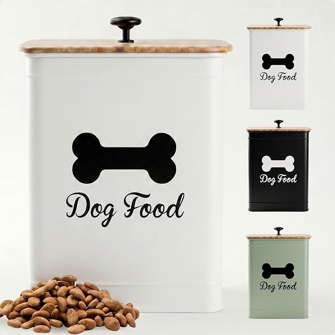 Metal Dog Food Container 5-7lb, 25 Cup w/ Airtight Bamboo Lid, Metal Handle | Pet Jar For Dogs up to 50lbs, Airtight Bamboo Lid, Sturdy Comfortable Metal Handle, Powder Coated Iron, Kibble Storage Bin