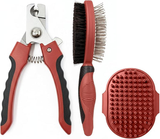PW Pet Grooming Tools for Dogs & Cats- Safe On Skin Easy To Use Dog Grooming Kit with Ergonomic, Non-Slip Handle– Includes Pet Nail Clippers, 2-in-1 Slicker Brush & Hand-Held Bath Brush- Paw Mountain