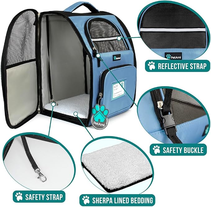 PetAmi Dog Backpack Carrier Airline Approved Cat Pet Puppy Bag, Light Blue | Ideal for Small Medium Large Pet up to 18 lb, 2 Side Entry Structured No-Collapse Frame, Ventilated Bookbag for Hiking Travel