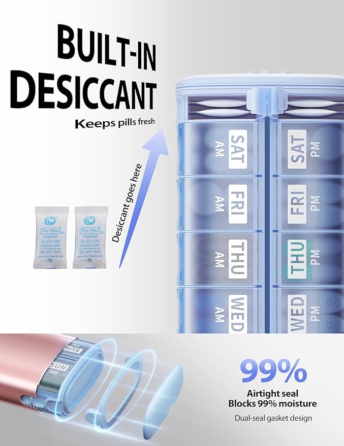 Vaydeer Metal 7 Day Travel Pill Organizer 2 Times a Day, Built-in Desiccant | AM PM weekly Travel Pill Case, Twice-Daily，Airtight Large Capacity Pill Box for Vitamins, Medication, Supplements & Fish Oil