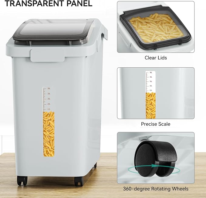 YITAHOME Large Flour Storage Container, 11.4-Gallon Commercial Rice Storage Bin 280 Cups with Wheels Shelf-storage Bin with Scoop and Lid, Rice Bin for Kitchen, Gray