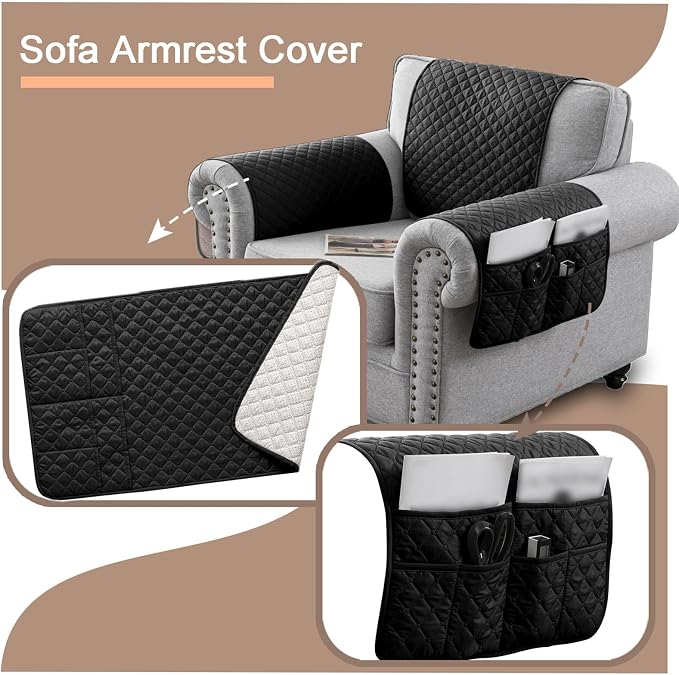 Water-Resistant Sofa Armrest and Headrest Covers with Side Pocket | Keep remotes close quilted polyester helps guard against wear, pet scratches, and kids' messes silicone backing adds grip