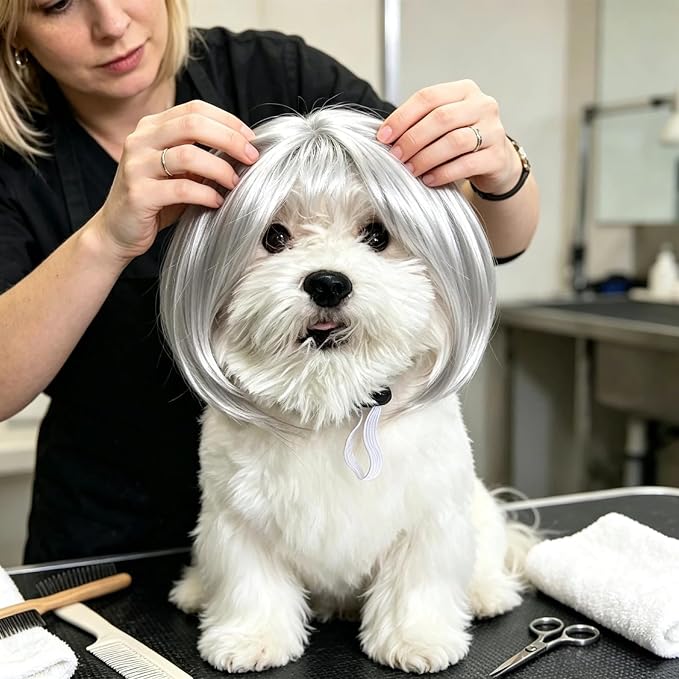 Cute Pet Wig Headband, Funny Dog Cat Hair Accessory for Halloween, Silver | Funny, Universal fit