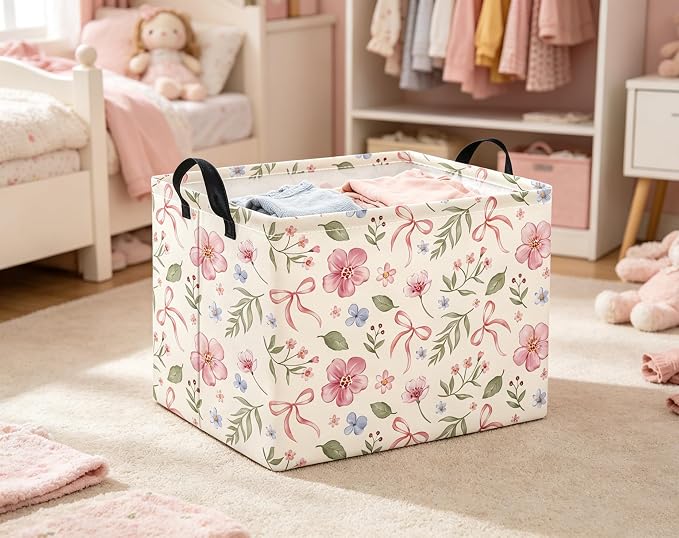 Rectangular Baby Kids Storage Basket for Home Kitchen Girls Cute Toy Storage Bin Organizer Shelf Book Room Decor(Bowknot Flower)