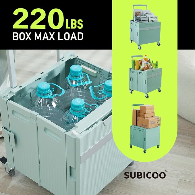 Folding Utility Cart Portable Rolling Crate Handcart Shopping Trolley Collapsible Tool Box, with Lid, on Rotate Wheels, for Grocery, Shopping, Office, Teacher, Camp,File (Green)