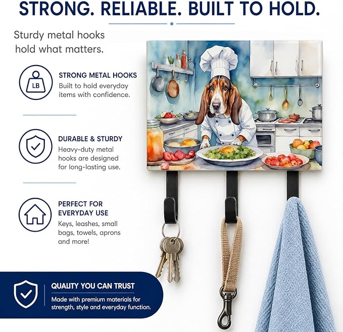 Caroline's Treasures Basset Hound The Chef Leash or Key Holder Wall Hooks, Key Hooks Holder, Coat Rack Wall Mount, Coat Hooks, Hooks for Hanging Keys, Towels, Aprons, Leashes | Basset Hound The Chef artwork on ceramic tile with three steel hooks for ke...