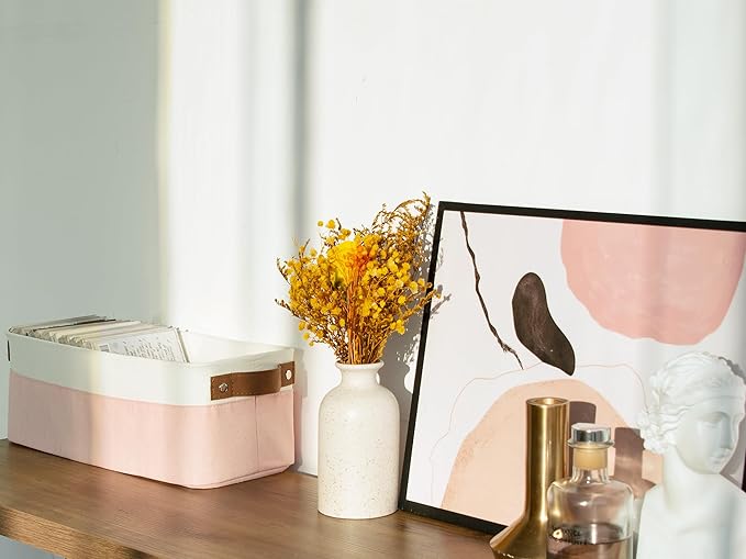 StorageWorks Narrow Fabric Storage Bins, Pink and White, 2-Pack | With Metal Frame, Sturdy Structure, Reinforced Handles, Toilet Paper Storage, Small Storage Bins for Bathroom, Closet, Shelf